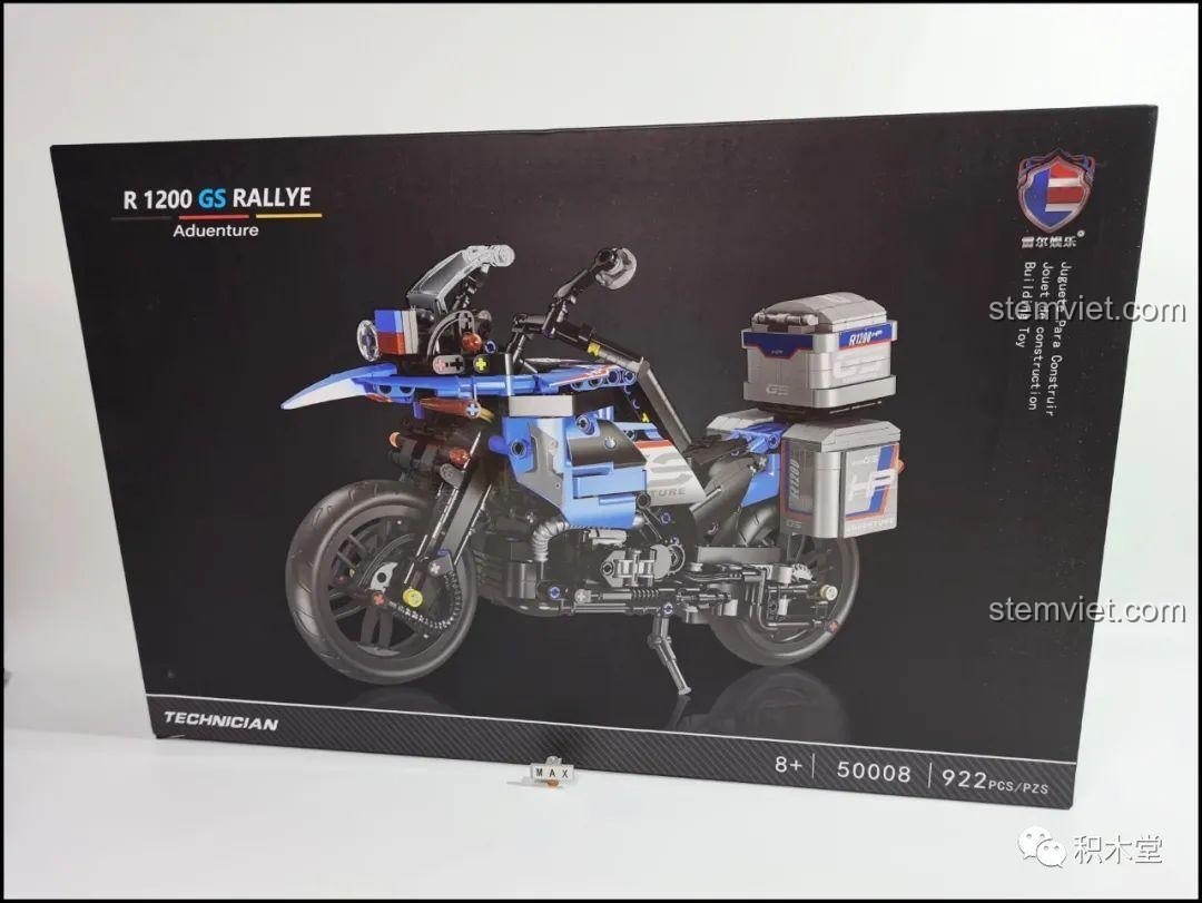 Hộp bộ lắp ráp Leier 50008 Mô tô BMW R1200GS Rallye màu đen với hình ảnh mô hình xe máy màu xanh dương nổi bật.