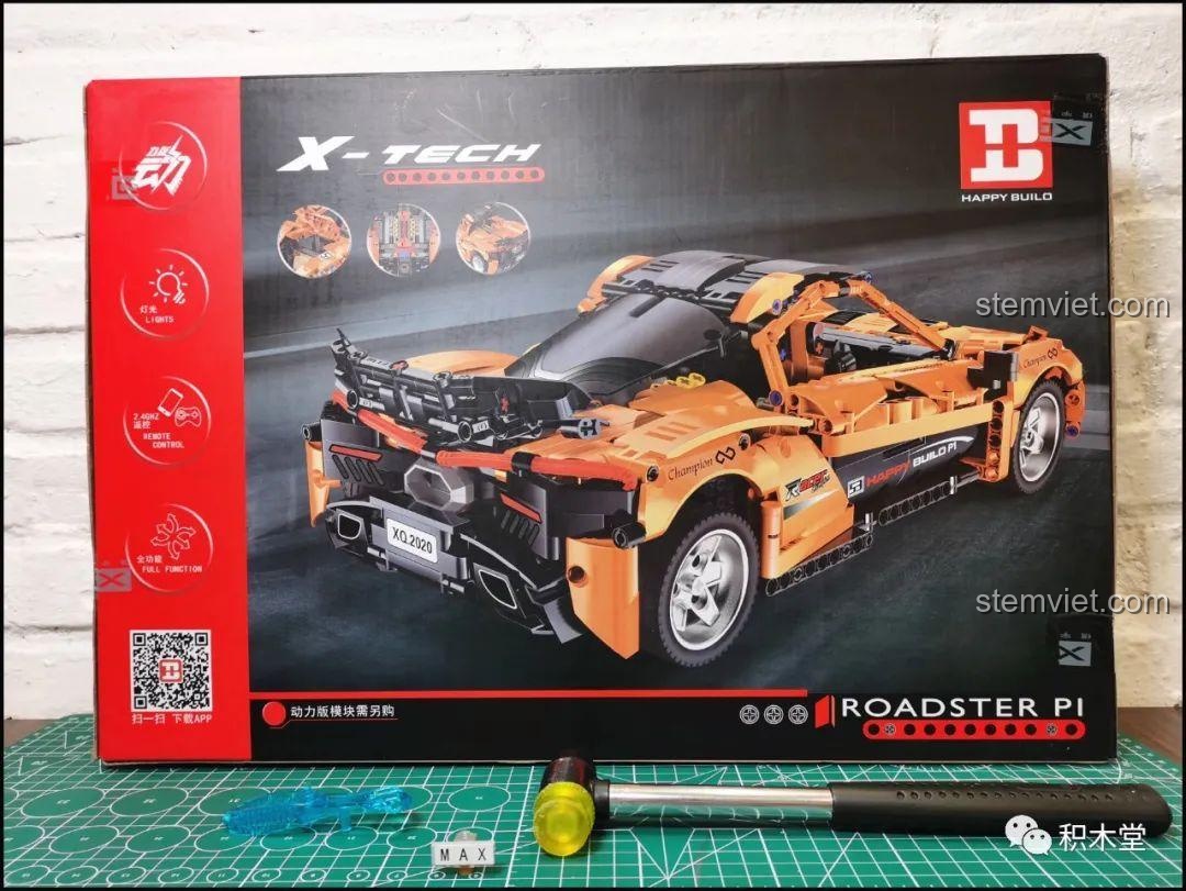 Mặt sau hộp bộ lắp ráp Happy Build YC-QC004, hiển thị các tính năng chính và khả năng nâng cấp động cơ, trong review siêu xe McLaren P1.