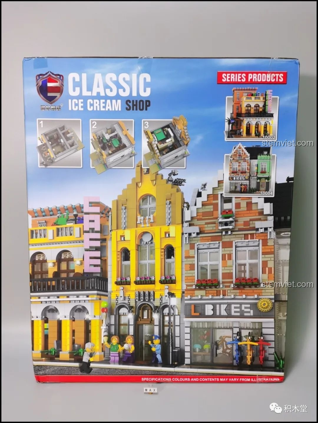 Mặt sau hộp đồ chơi xây dựng Tòa nhà phố Cửa hàng Kem Leier 10003, giới thiệu các bộ khác trong cùng series kiến trúc.