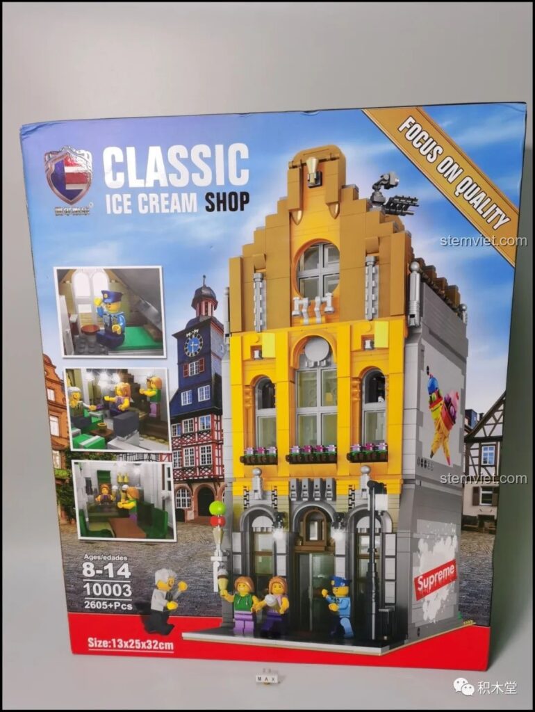 Mặt trước hộp bộ lắp ráp Tòa nhà phố Cửa hàng Kem Leier 10003, hiển thị mô hình hoàn chỉnh và số lượng 2605 mảnh ghép.