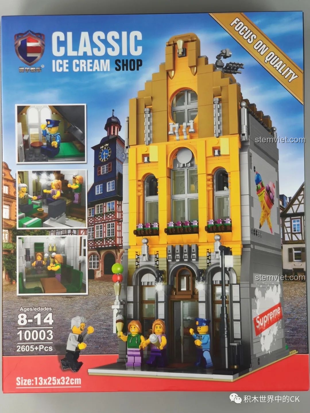 Mặt trước hộp bộ lắp ráp Tòa nhà phố Cửa hàng Kem Leier 10003, hiển thị mô hình hoàn chỉnh và các minifigures đi kèm.