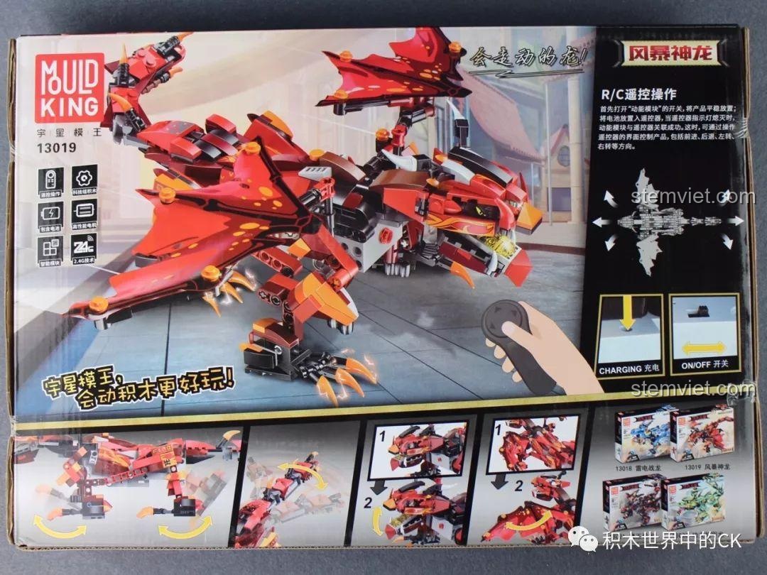 Mặt trước hộp đồ chơi lắp ráp Mould King 13019 Rồng Lửa Bão Tố, hình ảnh rồng máy màu đỏ cam.