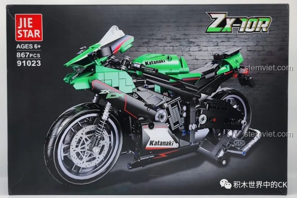 Hộp sản phẩm bộ đồ chơi lắp ghép JIESTAR 91023 mô hình xe máy Kawasaki NINJA ZX-10R cho trẻ em trên 6 tuổi.