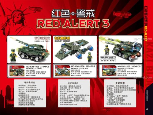 Bộ sưu tập đồ chơi mô hình KAZI Red Alert, bao gồm Máy bay ném bom Century KY81006 và các xe tăng khác.