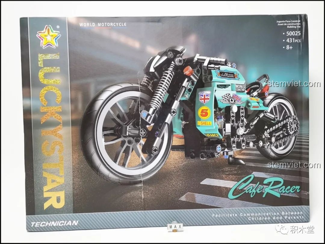 Hộp sản phẩm bộ lắp ráp Lucky Star 50025 Mô tô Cafe Racer Cổ điển với hình ảnh xe màu xanh ngọc cực kỳ bắt mắt và ấn tượng.
