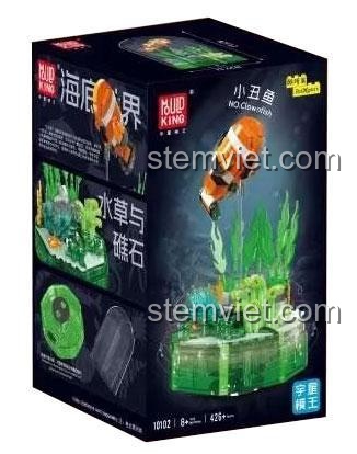 Hộp sản phẩm của bộ lắp ráp Cá Hề Mould King 10102, thể hiện hình ảnh sản phẩm hoàn thiện và thông tin số mảnh ghép.