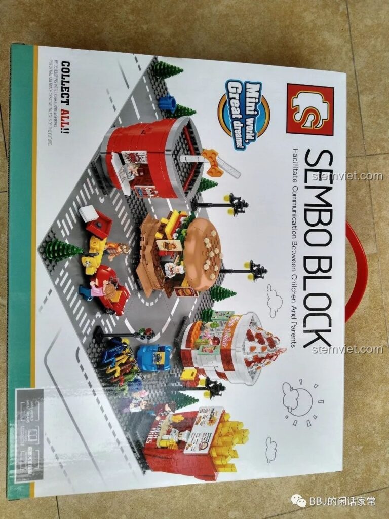 Mặt trước hộp bộ lắp ráp Sembo 601055 Cửa Hàng Hamburger, thể hiện mô hình hoàn chỉnh và các bộ khác trong series.