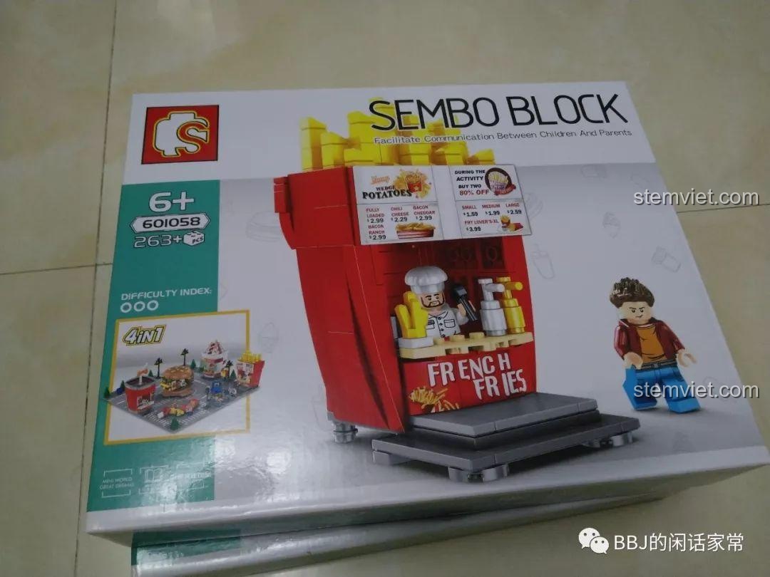 Mặt trước hộp bộ lắp ráp Sembo 601058 Tiệm Khoai Tây Chiên với hình ảnh mô hình hoàn chỉnh và hai minifigures.