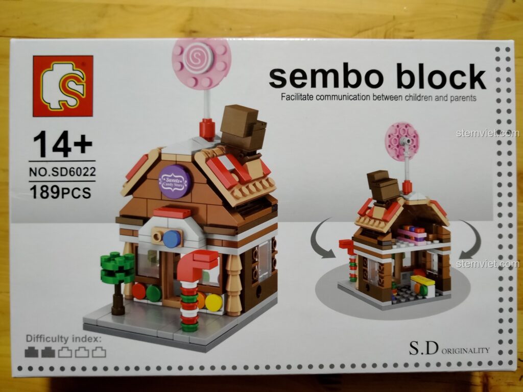 Hộp của bộ lắp ráp Sembo 6022 Tiệm Kẹo Ngọt với 189 mảnh ghép, hiển thị mô hình hoàn chỉnh và độ tuổi khuyến nghị 14+.