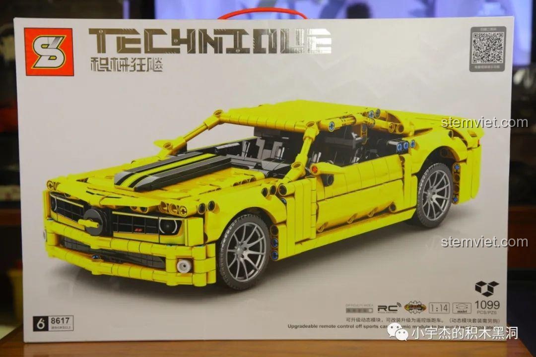 Hộp sản phẩm bộ đồ chơi SY 8617 Siêu xe Chevrolet Camaro, hình ảnh xe màu vàng nổi bật trên nền trắng.