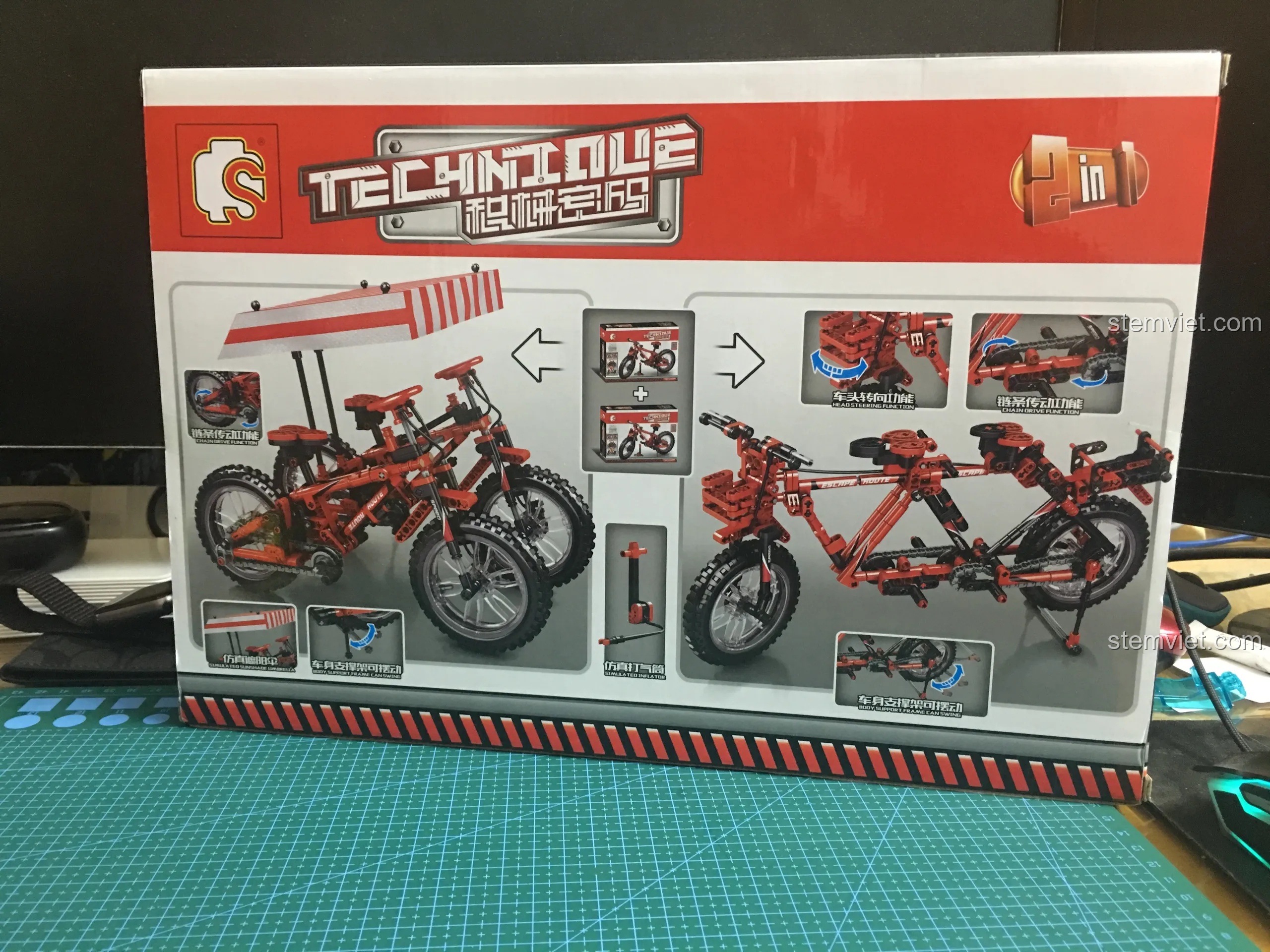 Mặt sau hộp Sembo 703302 Xe Đạp Địa Hình hiển thị các tính năng và khả năng kết hợp 2 trong 1 thành xe đạp đôi.