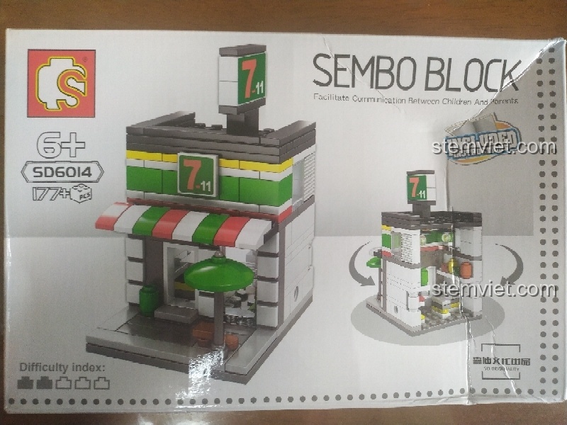Mặt trước hộp bộ lắp ghép Sembo SD6014 Cửa hàng tiện lợi Holiday Street với 177 chi tiết, phù hợp cho người từ 14 tuổi.