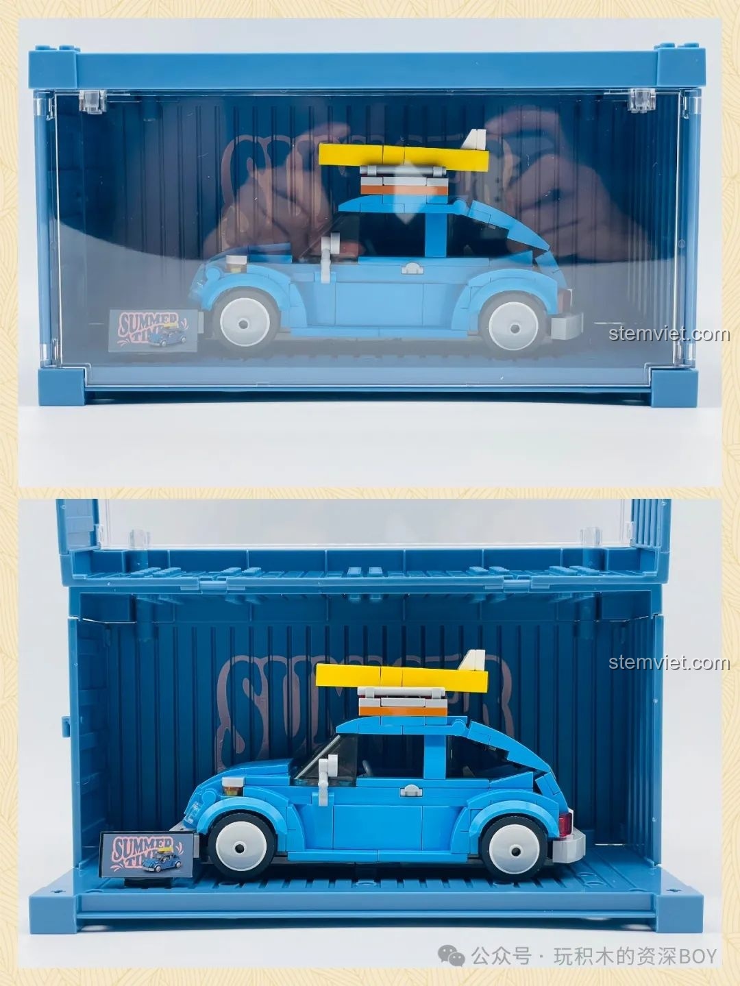 Hộp trưng bày của mô hình Pinbo PB8805 Xe Volkswagen Beetle Cắm Trại với hai trạng thái mở và đóng.