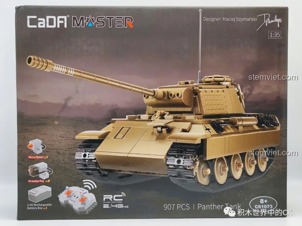 Hộp sản phẩm bộ lắp ráp CaDA C61073 Panzerkampfwagen V với hình ảnh xe tăng Panther màu vàng cát nổi bật.