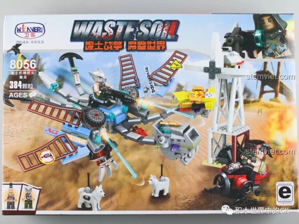 Mặt trước hộp đồ chơi Winner 8056 Rồng Quỷ Cơ Khí Hai Đầu, thể hiện hình ảnh mô hình chính và các nhân vật trong bối cảnh hậu tận thế.