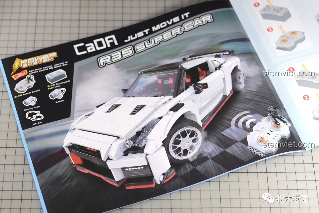 Trang hướng dẫn lắp đặt hệ thống Power Functions cho bộ Double Eagle 61020 Nissan GTR R35, hiển thị các bộ phận điều khiển từ xa.