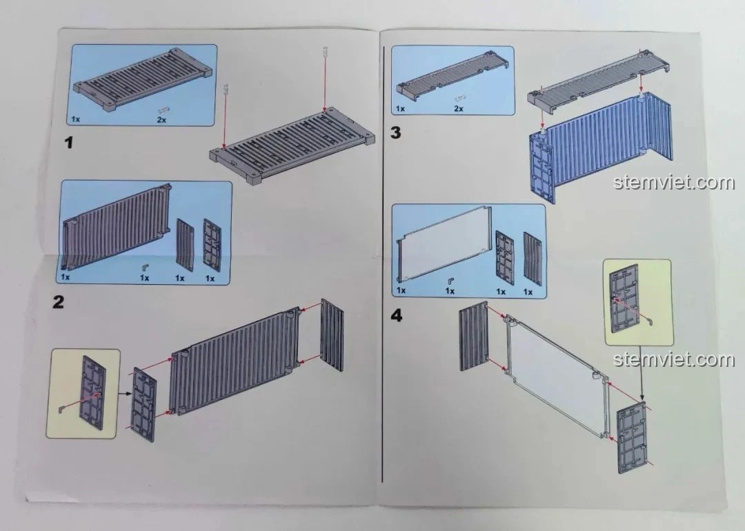 Trang hướng dẫn lắp ráp hộp trưng bày Pinbo PB8801 với các bước từ 1 đến 4, chỉ dẫn cách lắp các tấm đáy và thành bên.