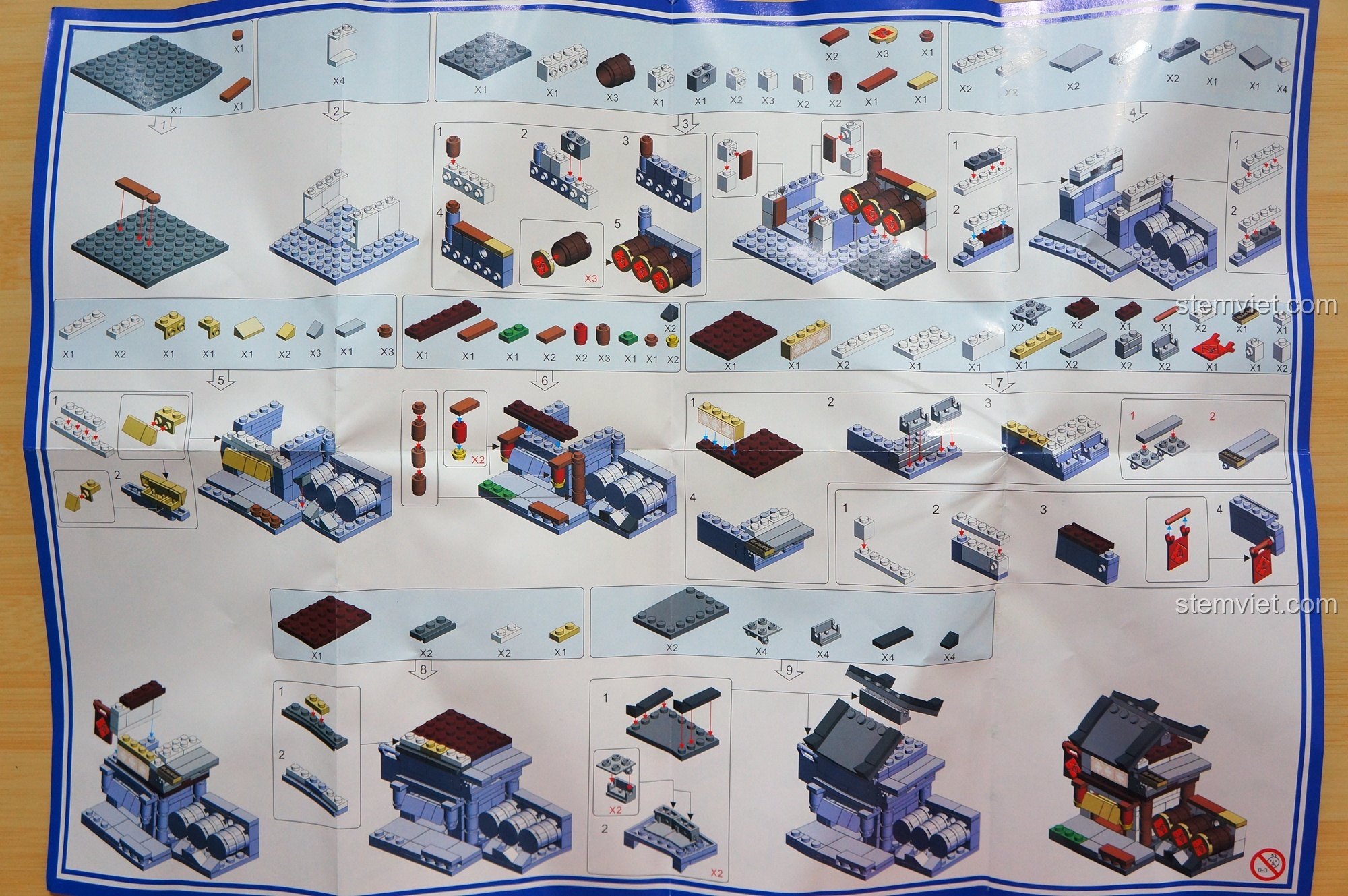 Tờ hướng dẫn lắp ráp chi tiết cho phiên bản 1 của mô hình KAZI KY5005 Dãy nhà phố cổ Trung Quốc.