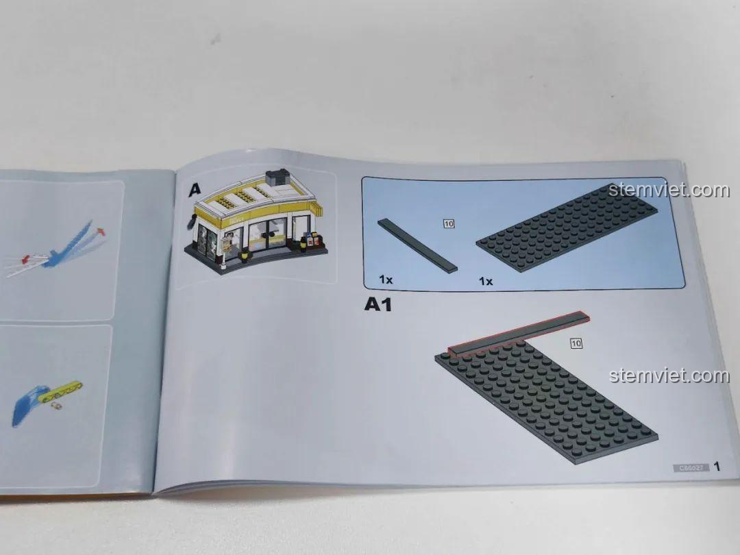 Hướng dẫn bước A1 trong sách lắp ráp bộ CaDA C66027 Cửa hàng tiện lợi Shell Select.
