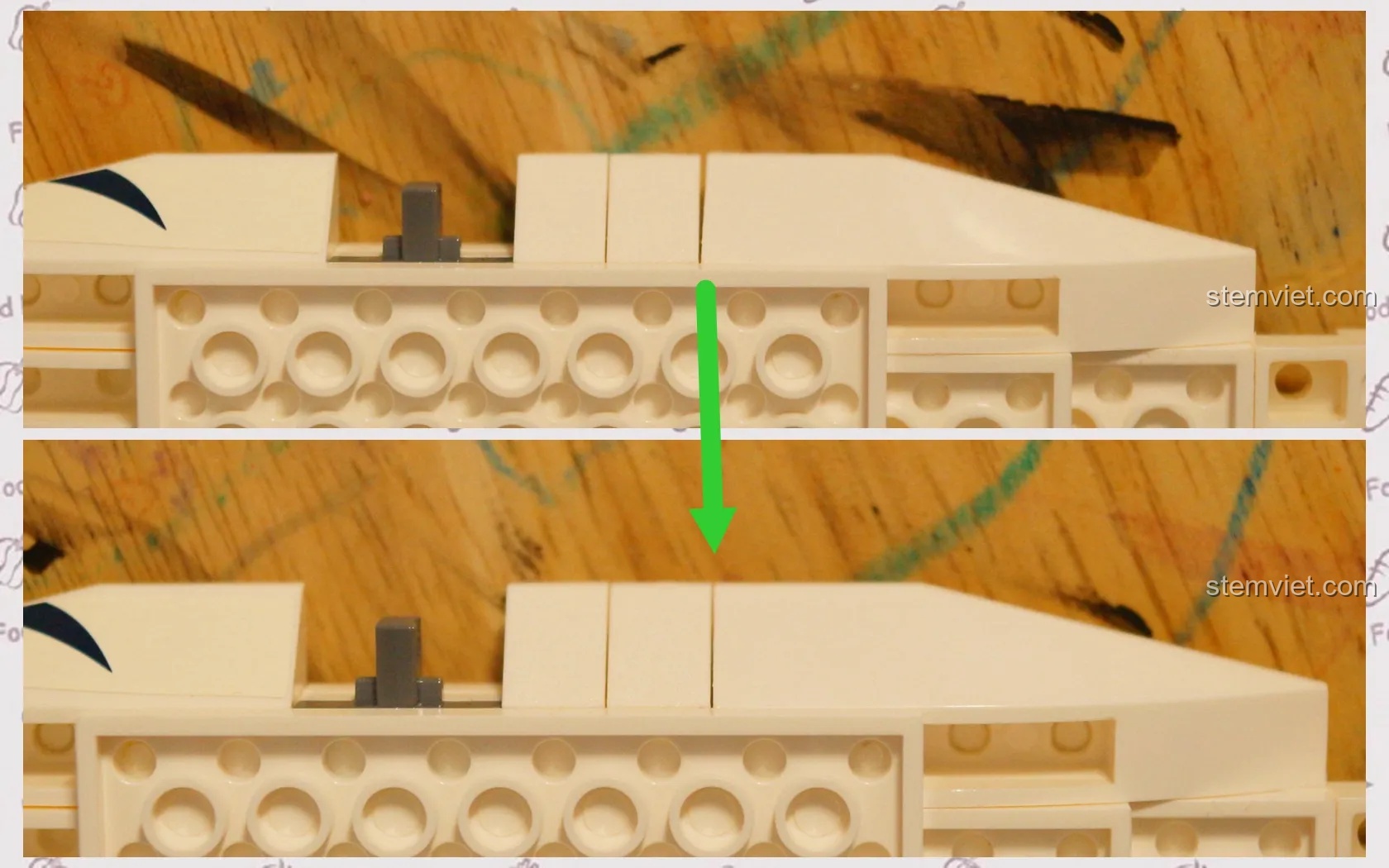 Hướng dẫn lắp ráp chi tiết của bộ đồ chơi Tàu Ngầm Cá Kiếm Gup-B, so sánh trước và sau khi ghép một chi tiết.