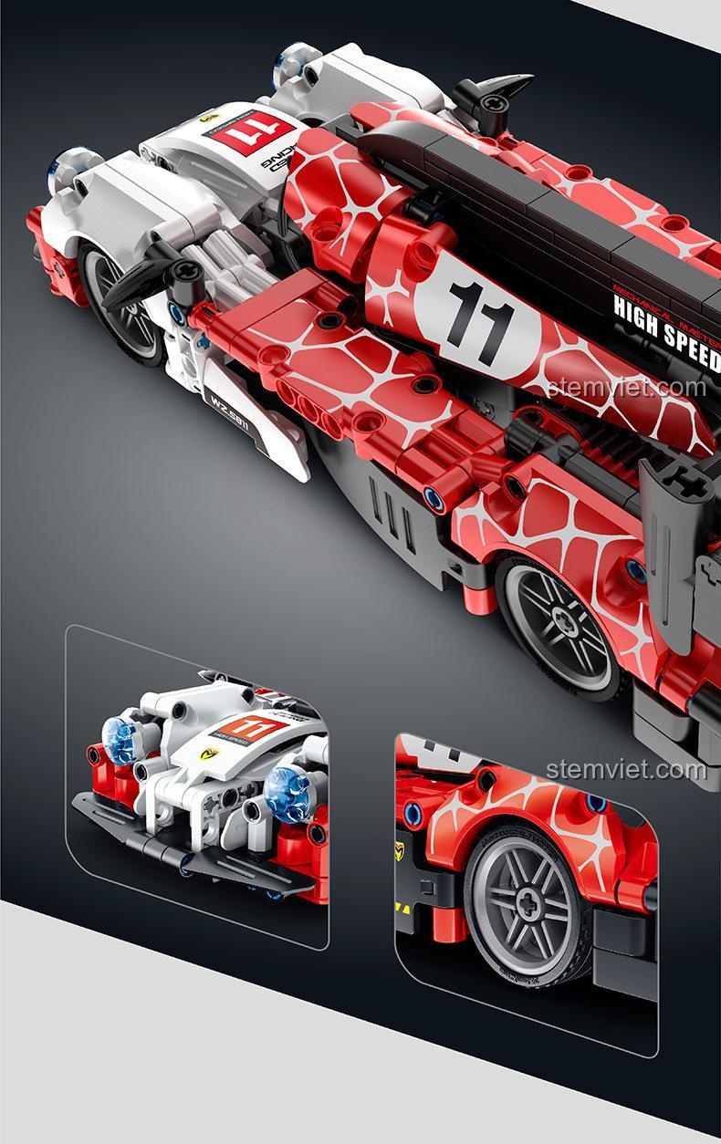 Góc nhìn bên hông của Xe Đua Porsche 919 IM.Master 5811, thể hiện đường nét khí động học và màu sắc chủ đạo đỏ trắng đen, đồ chơi mô hình cho bé trai.