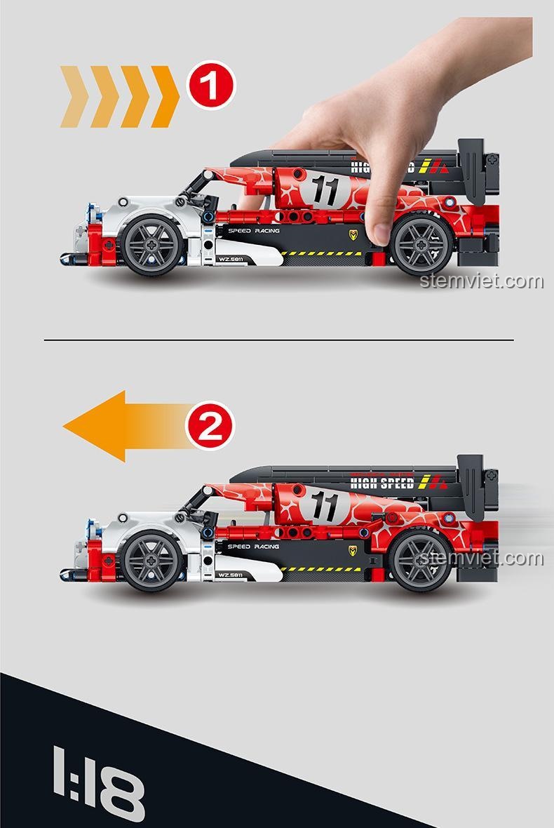 Cận cảnh tính năng động cơ kéo lùi mạnh mẽ của Xe Đua Hồi Lực IM.Master 5811, chi tiết đuôi xe và cánh gió thể thao, đồ chơi mô hình cho bé trai.