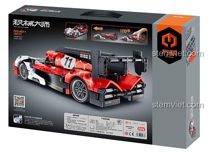 Mặt sau hộp đồ chơi lắp ghép Xe Đua Porsche 919 IM.Master 5811, hiển thị các góc nhìn khác của xe và tính năng kéo lùi, thông tin sản phẩm chi tiết.