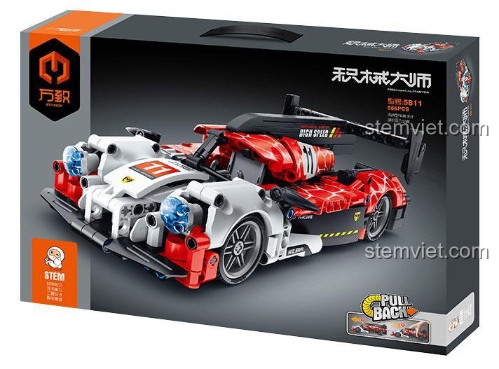 Hộp sản phẩm bộ đồ chơi IM.Master 5811 Xe Đua Porsche 919, hộp màu đen với hình ảnh xe đua hồi lực, thể hiện số chi tiết 566 mảnh, phù hợp cho bé trai.