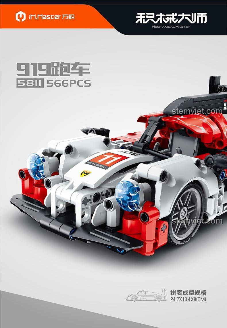 Chi tiết mô hình Xe Đua Porsche 919 IM.Master 5811, hiển thị kích thước lắp ráp 24.7x13.4x8 cm, đồ chơi mô hình chất lượng cao.
