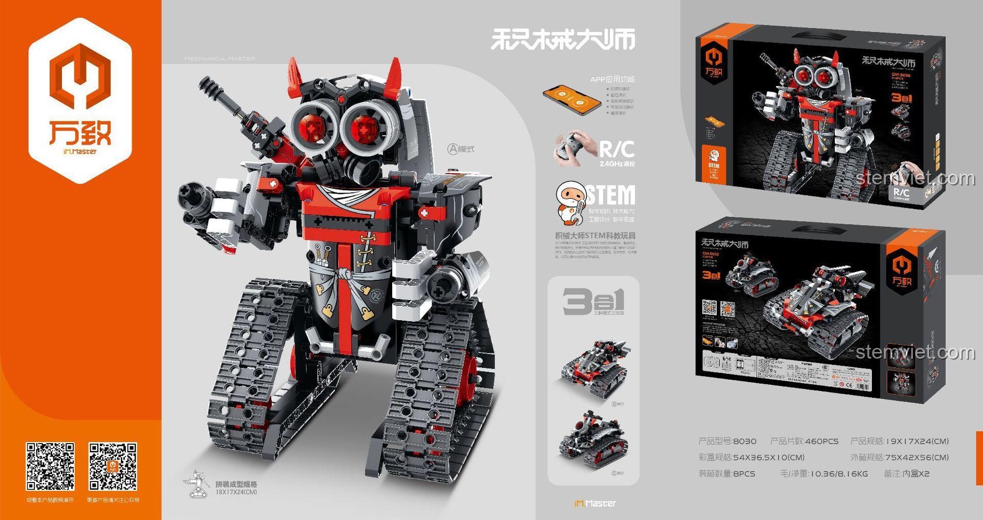 Hộp sản phẩm bộ lắp ráp Robot lập trình IM.Master 8030, hiển thị 3 mẫu lắp được và các tính năng điều khiển qua app, STEM.