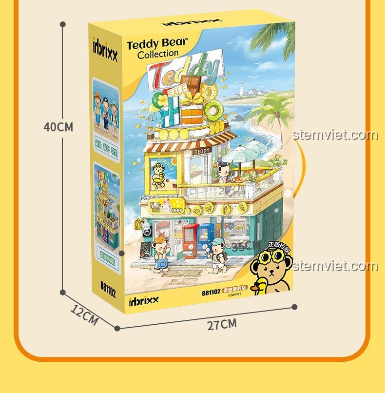 Mặt sau hộp bộ đồ chơi Inbrixx 881102, thể hiện các khu vực chi tiết bên trong cửa hàng tiện lợi gấu Teddy.