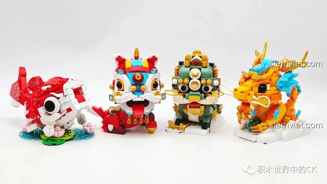 Bốn mô hình linh vật Lucky Koi, Lucky Lion, Lucky Kirin, Lucky Dragon từ Bộ sưu tập Sơn Hải Kinh JAKI JK20236.