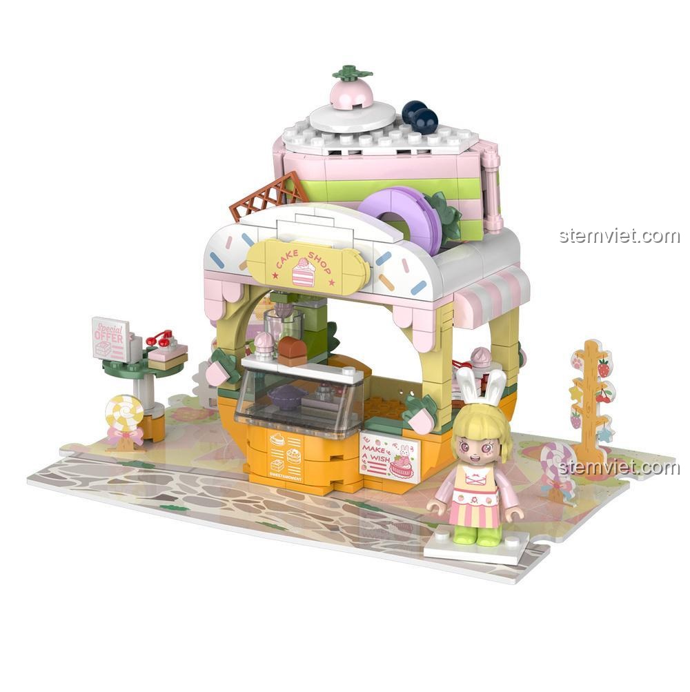 Mô hình Cửa hàng bánh ngọt JAKI JK2122 đã lắp ráp, chi tiết cao, phù hợp bé gái yêu thích sáng tạo.