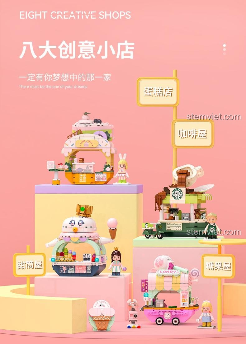 Bộ 8 cửa hàng sáng tạo JAKI JK2122, bao gồm cửa hàng bánh ngọt, cà phê, kem, kẹo, mang đến thế giới ẩm thực thu nhỏ.