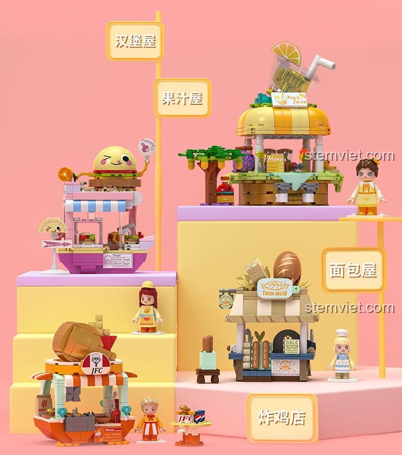 Các cửa hàng còn lại trong bộ đồ chơi JAKI JK2122: hamburger, nước ép, bánh mì, gà rán, tạo nên phố ẩm thực đa dạng.