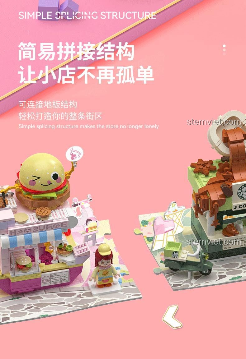 Bộ lắp ghép JAKI JK2125 Phố Cửa Hàng Sáng Tạo, đồ chơi lắp ráp kết nối thành phố, cho bé gái 6 tuổi