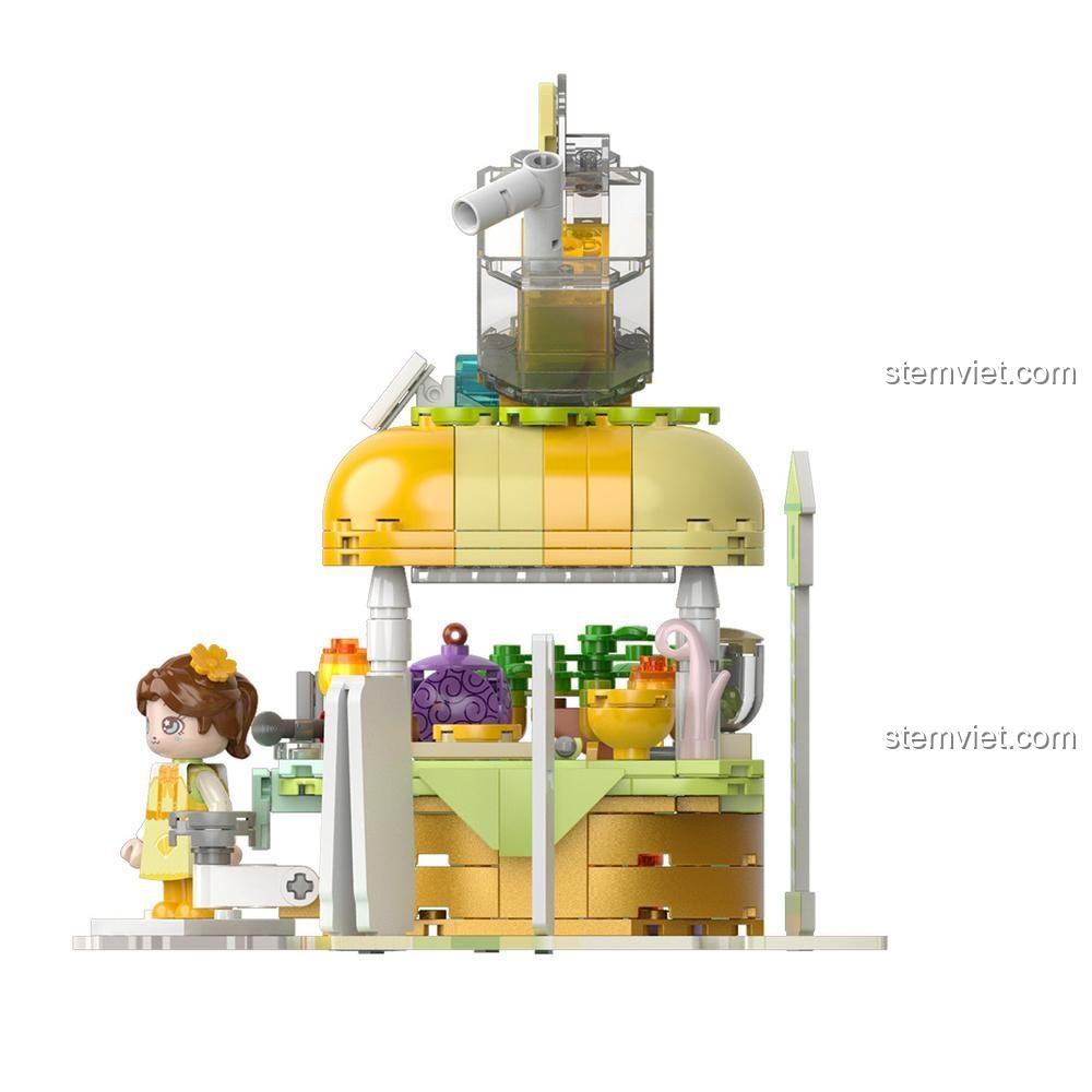 Mô hình đồ chơi xây dựng JAKI JK2125 Cửa Hàng Nước Ép, góc nhìn bên, cho bé gái 6 tuổi