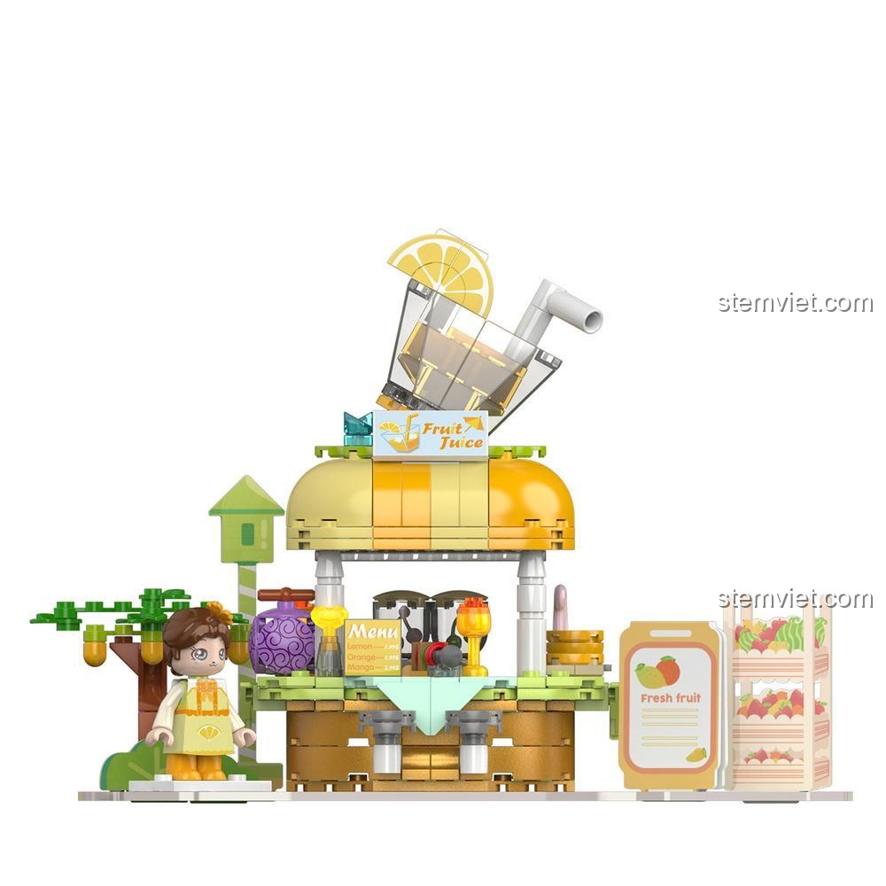 Mô hình bộ lắp ghép JAKI JK2125 Cửa Hàng Nước Ép, góc nhìn trước, cho bé gái 6 tuổi