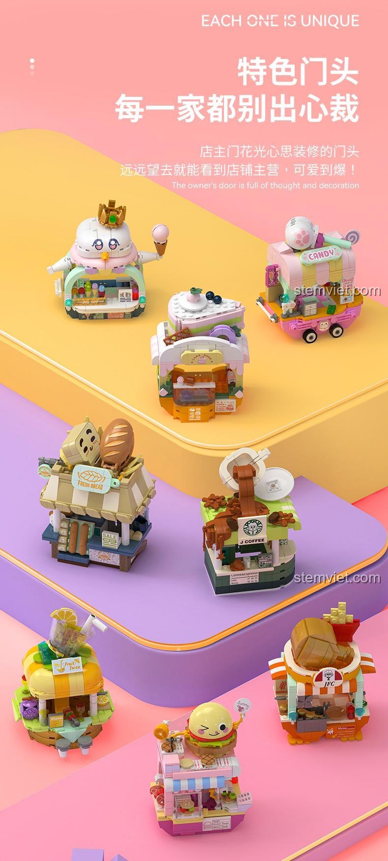Đồ chơi xây dựng Tiệm bánh mì kẹp thịt JAKI JK2129 với mỗi cửa hàng có nét độc đáo riêng