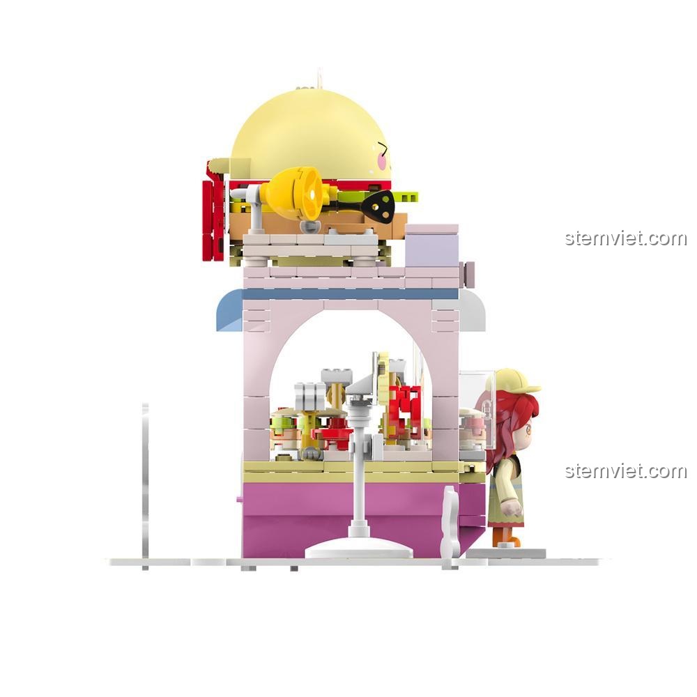 Bộ lắp ghép Tiệm kem ốc quế JK2129 tiệm bánh mì kẹp thịt nhìn từ bên cạnh