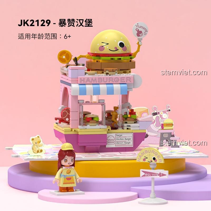 Bộ xếp hình JK2129 tiệm bánh mì kẹp thịt với mã sản phẩm và độ tuổi khuyến nghị 6+