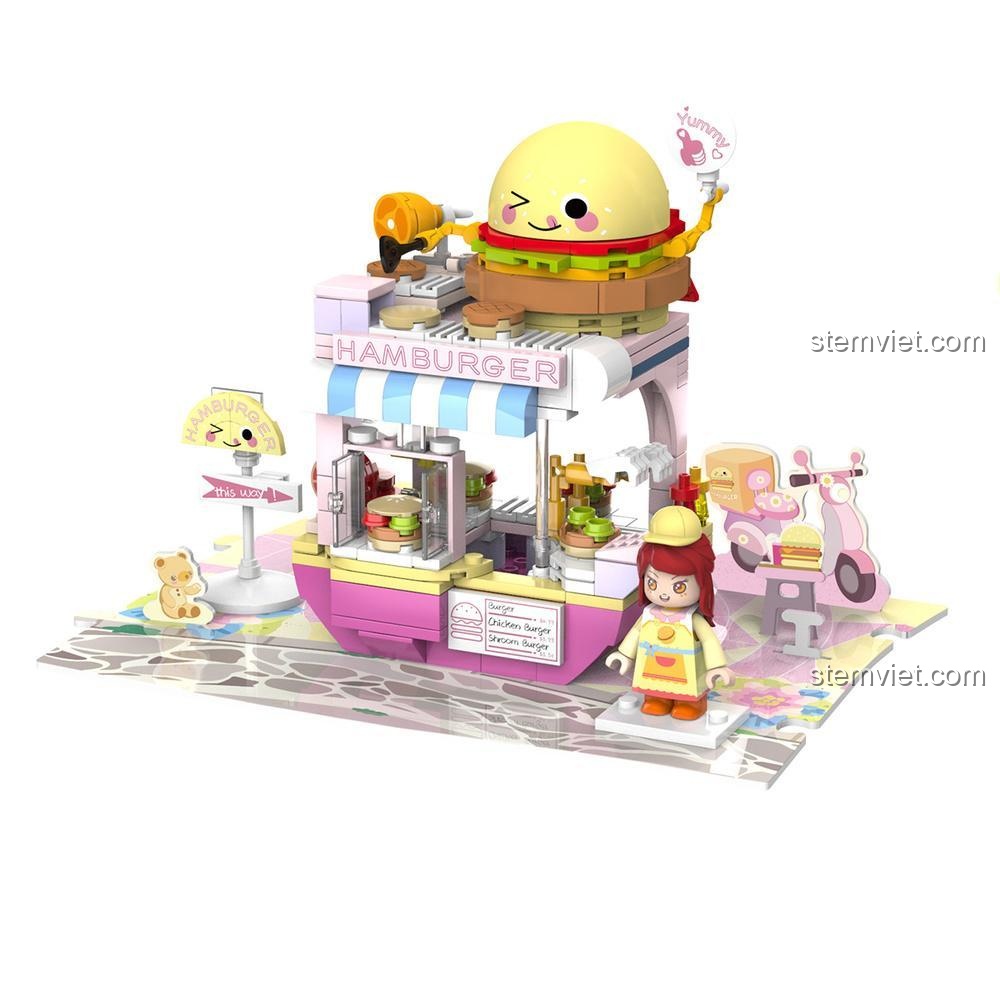 Set đồ chơi Tiệm bánh mì kẹp thịt JK2129 với xe scooter và biển chỉ dẫn