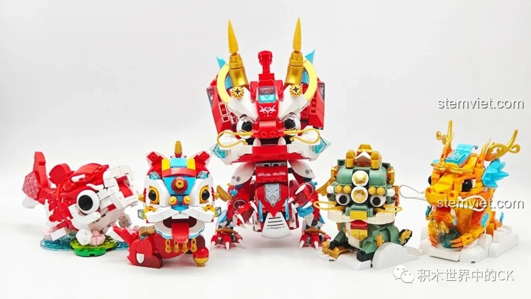 Toàn bộ 5 mô hình đã hoàn thiện: Rồng Cơ Giáp Xích Diễm JAKI JK5138 và bốn linh vật từ Bộ sưu tập Sơn Hải Kinh JAKI JK20236.