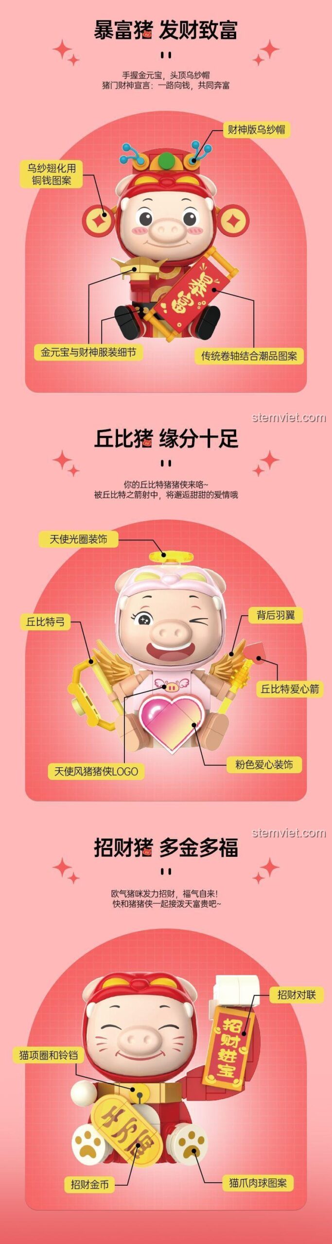 Nhân vật GG Bond JK 6831 Heo Siêu Giàu, chi tiết thiết kế độc đáo với mũ tài thần và cuộn giấy phú quý, đồ chơi mô hình cho thanh niên.