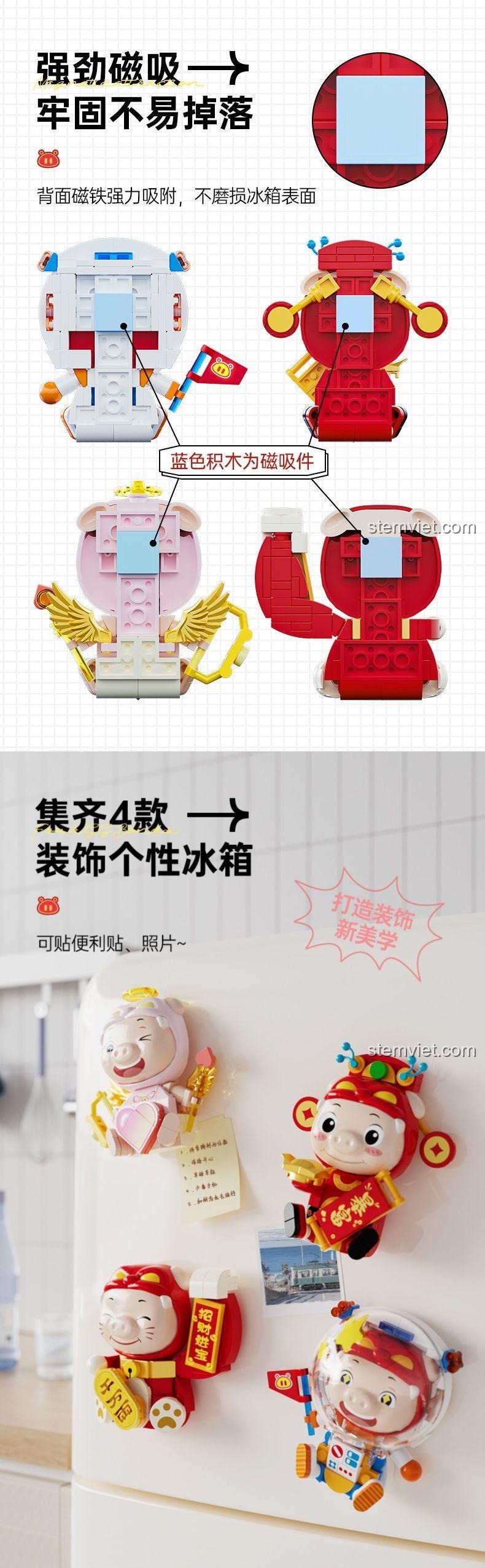 bộ đồ chơi Heo Thần Tài JAKI JK6831, hình ảnh quảng cáo bộ 4 mô hình dán tủ lạnh, trang trí cá tính, phù hợp cho mọi lứa tuổi.