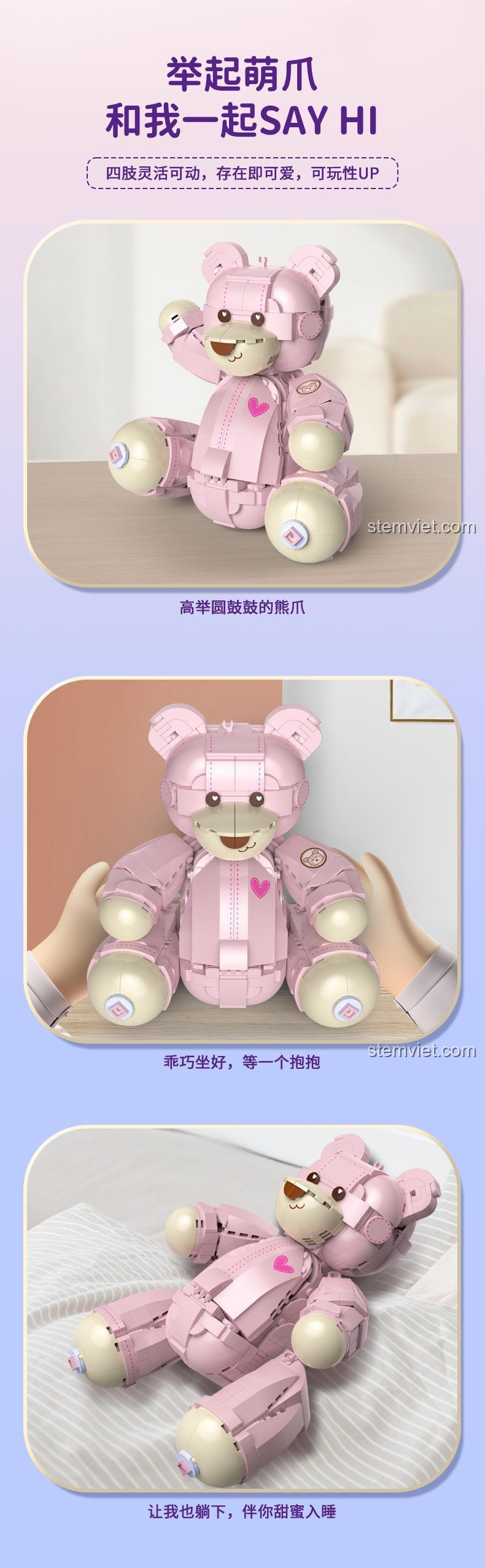 Gấu Teddy Hồng JAKI JK8133 với tứ chi cử động linh hoạt, bộ lắp ghép Gấu Hồng cho bé gái 8 tuổi