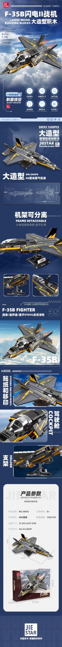 Poster quảng cáo bộ đồ chơi lắp ghép JIESTAR 58092 F-35B, nêu bật các tính năng như khoang vũ khí, buồng lái, bánh xe gập.