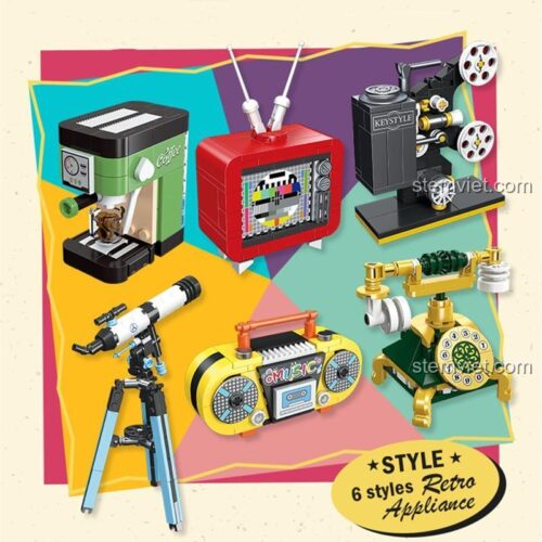 Ảnh quảng cáo bộ xếp hình 58097 gồm 6 món đồ dùng retro, một món quà độc đáo cho cả bé trai và bé gái.