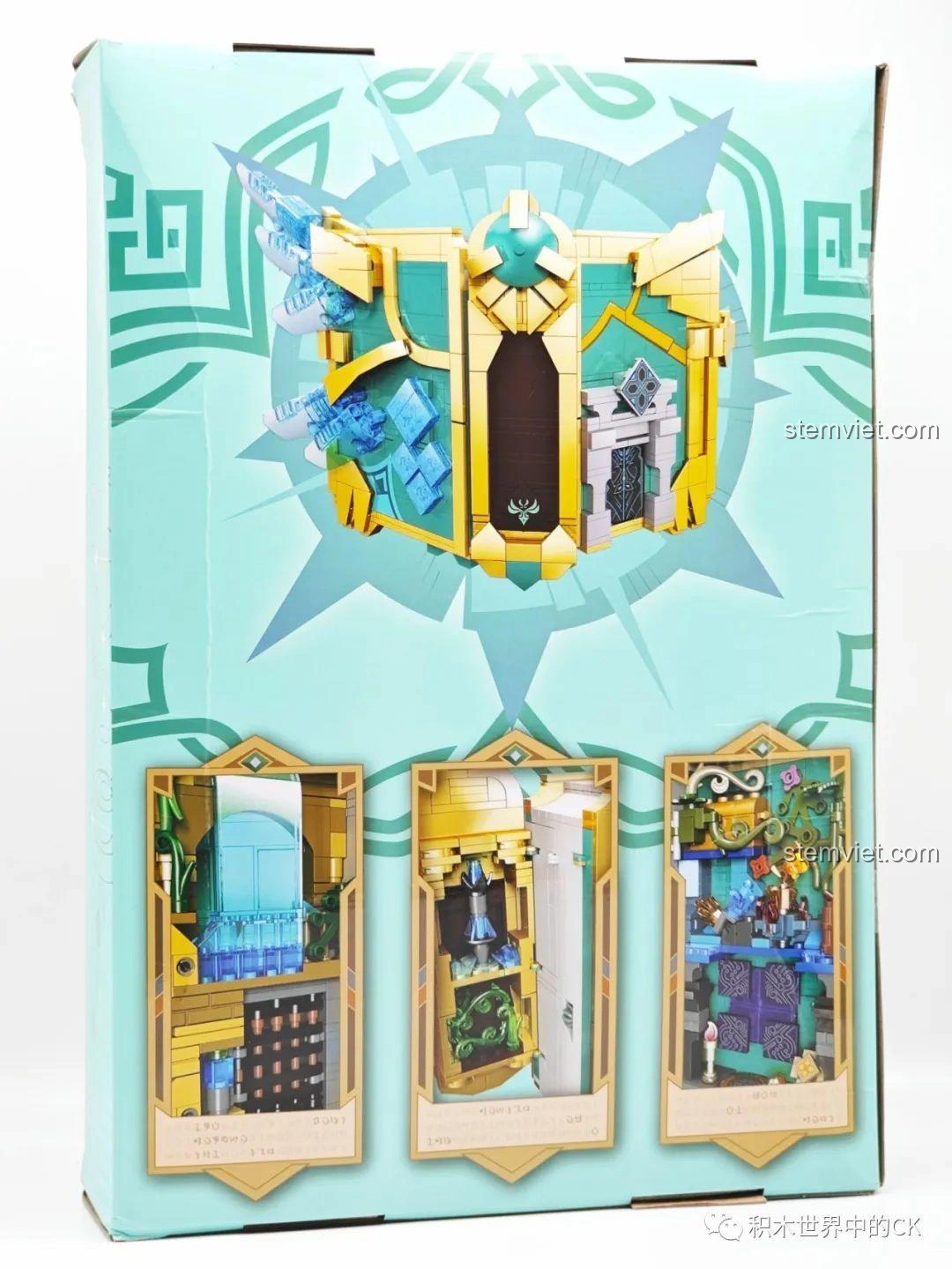 Mặt sau hộp bộ lắp ráp JIESTAR 58102 Sách Thiên Không Genshin Impact, hé lộ các chi tiết bên trong mô hình.
