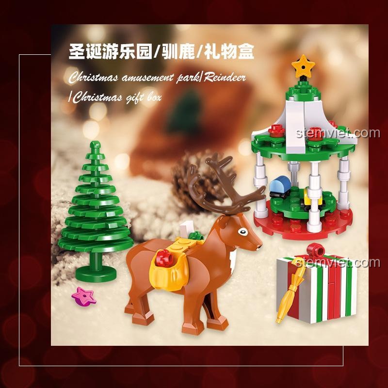 Các mô hình chi tiết trong bộ lắp ghép JIESTAR 59069 Hộp Mù Giáng Sinh: tuần lộc, cây thông, hộp quà, đồ chơi phát triển trí tuệ cho bé.